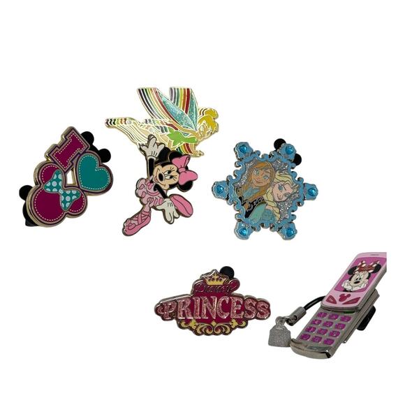 Disney WDW Minnie Mouse Lanyard with Pins Princess Elsa Tinkerbell Set of 6 Pins - Picture 2 of 6